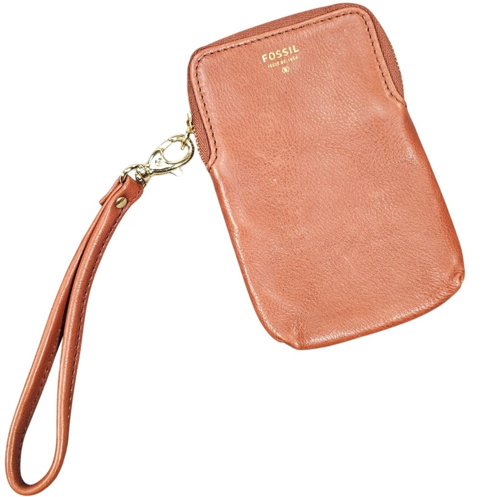 Fossil Leather Wristlet Pouch Card Holder Tan Gold‎ Brass Zipper